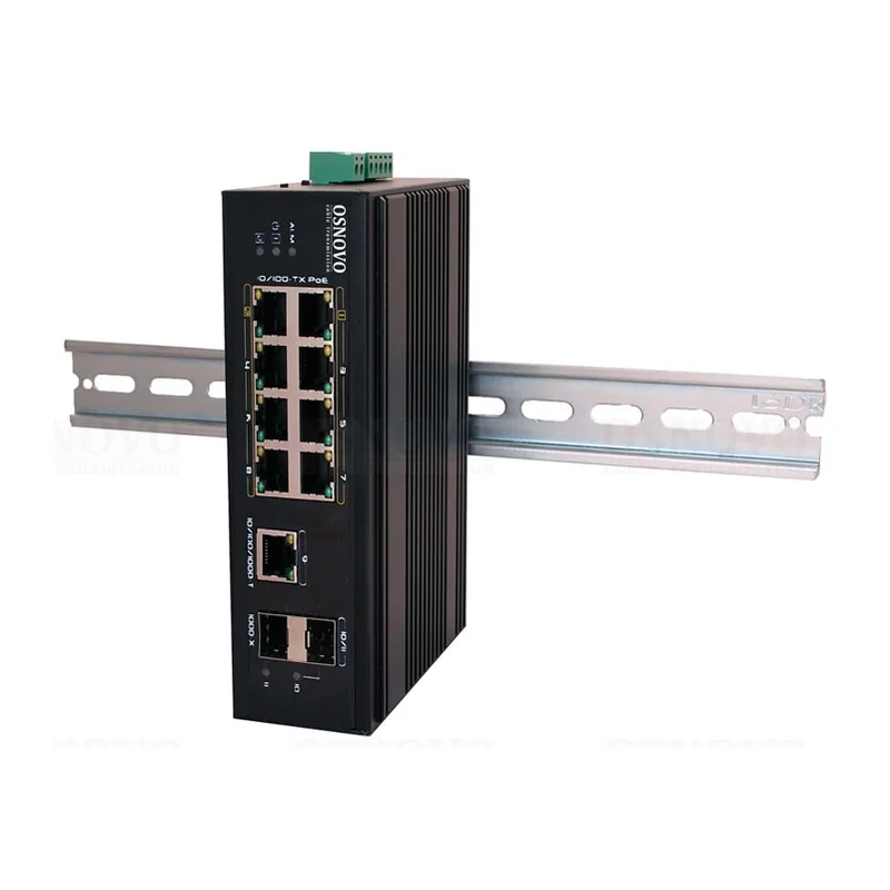 PoE-коммутатор Osnovo SW-60812/I, 8 × FE PoE + GE + 2 × SFP, 300 Вт, неуправляемый, DIN-рейка