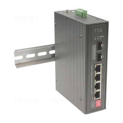 PoE-коммутатор Osnovo SW-80402-I, 4 × GE PoE + 2 × SFP, 180 Вт, неуправляемый, DIN-рейка