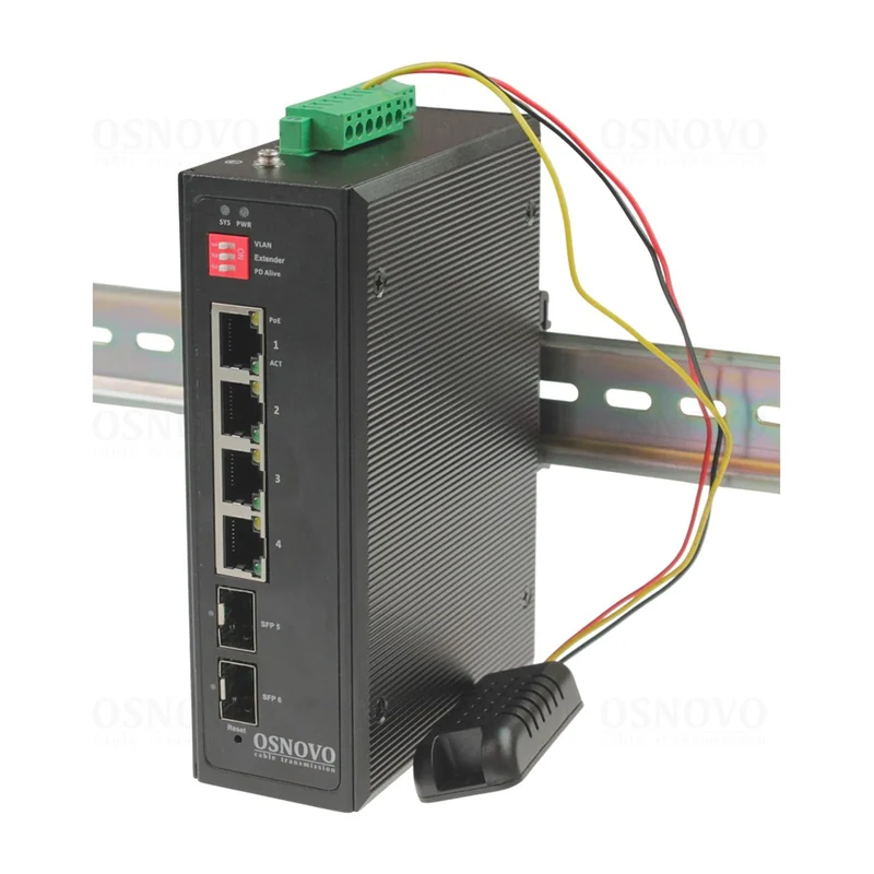 PoE-коммутатор Osnovo SW-80402-IM(port 90W,240W), 4 × GE PoE + 2 × SFP, 240 Вт, Web-управляемый, DIN-рейка