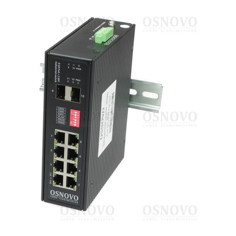 PoE-коммутатор Osnovo SW-80802/I(Port 90W,300W), 8 × GE PoE + 2 × SFP, 300 Вт, неуправляемый, DIN-рейка