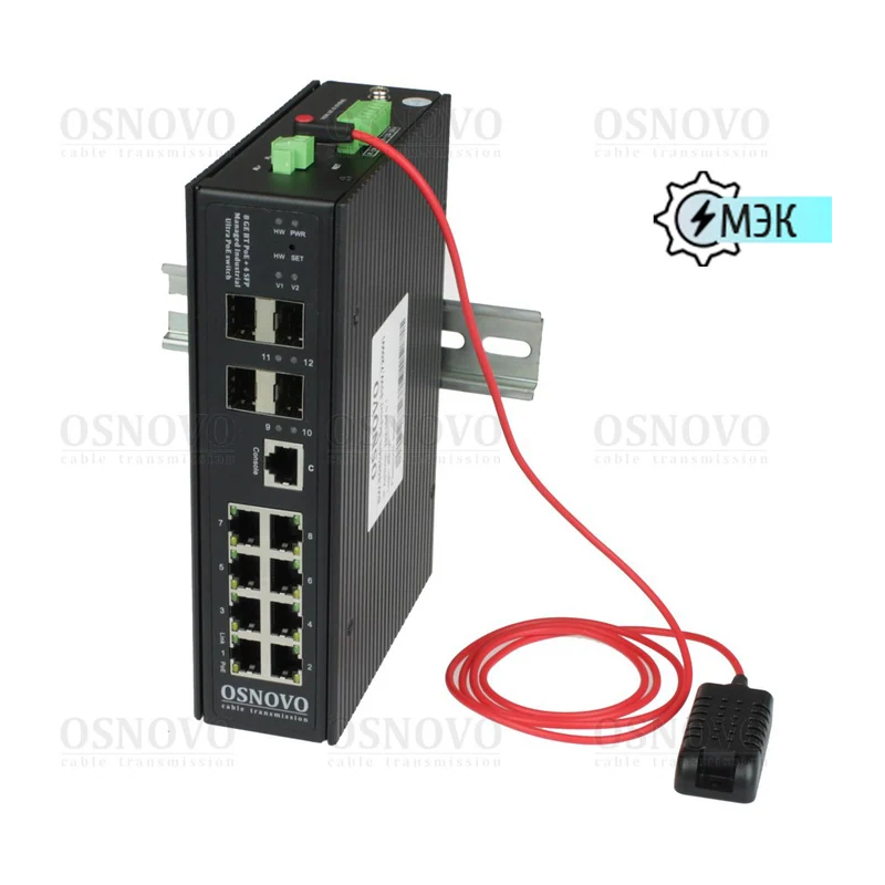 PoE-коммутатор Osnovo SW-80804/ILS(port 90W,720W), 8 × GE PoE + 4 × SFP, 720 Вт, управляемый L2+, DIN-рейка